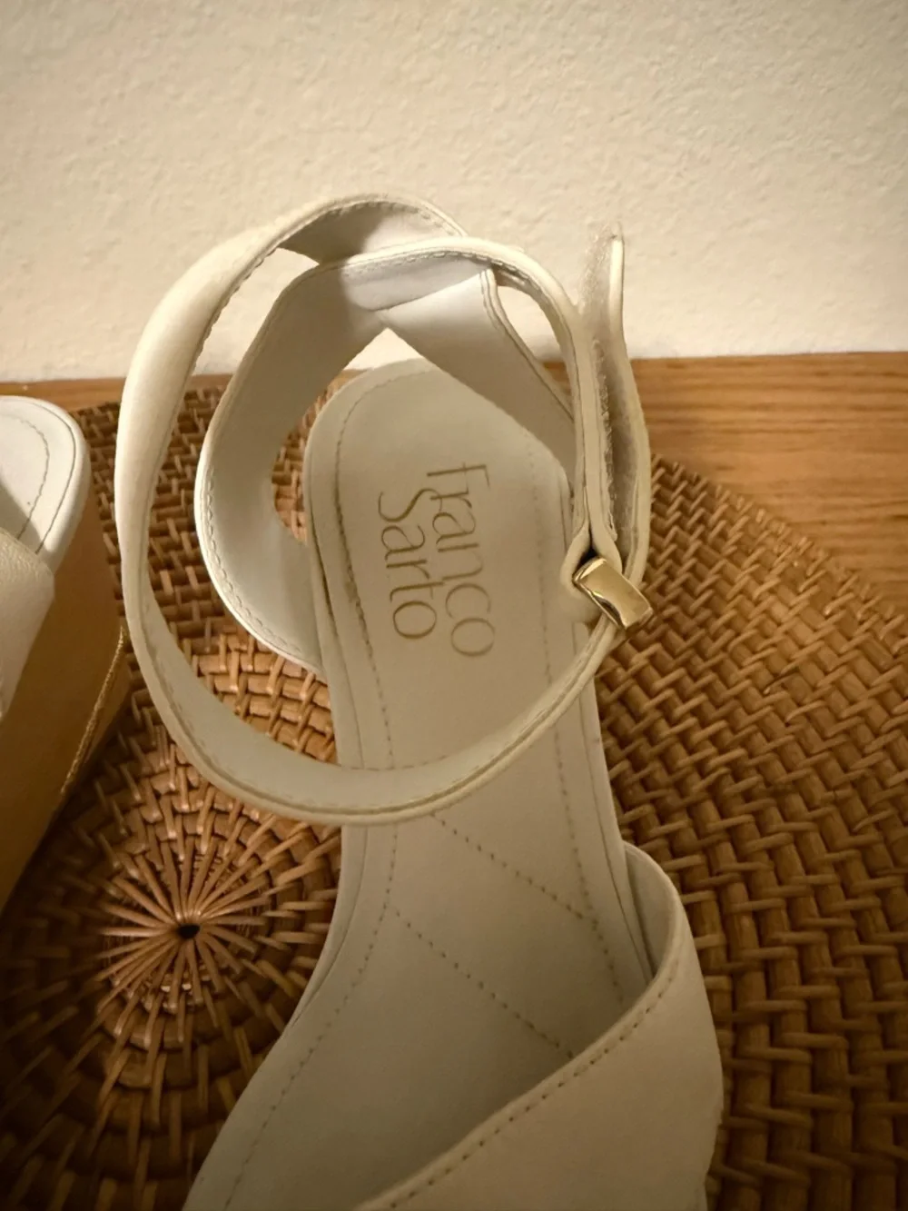 Franco Sarto Cream Wedge Sandals with Ankle Strap
